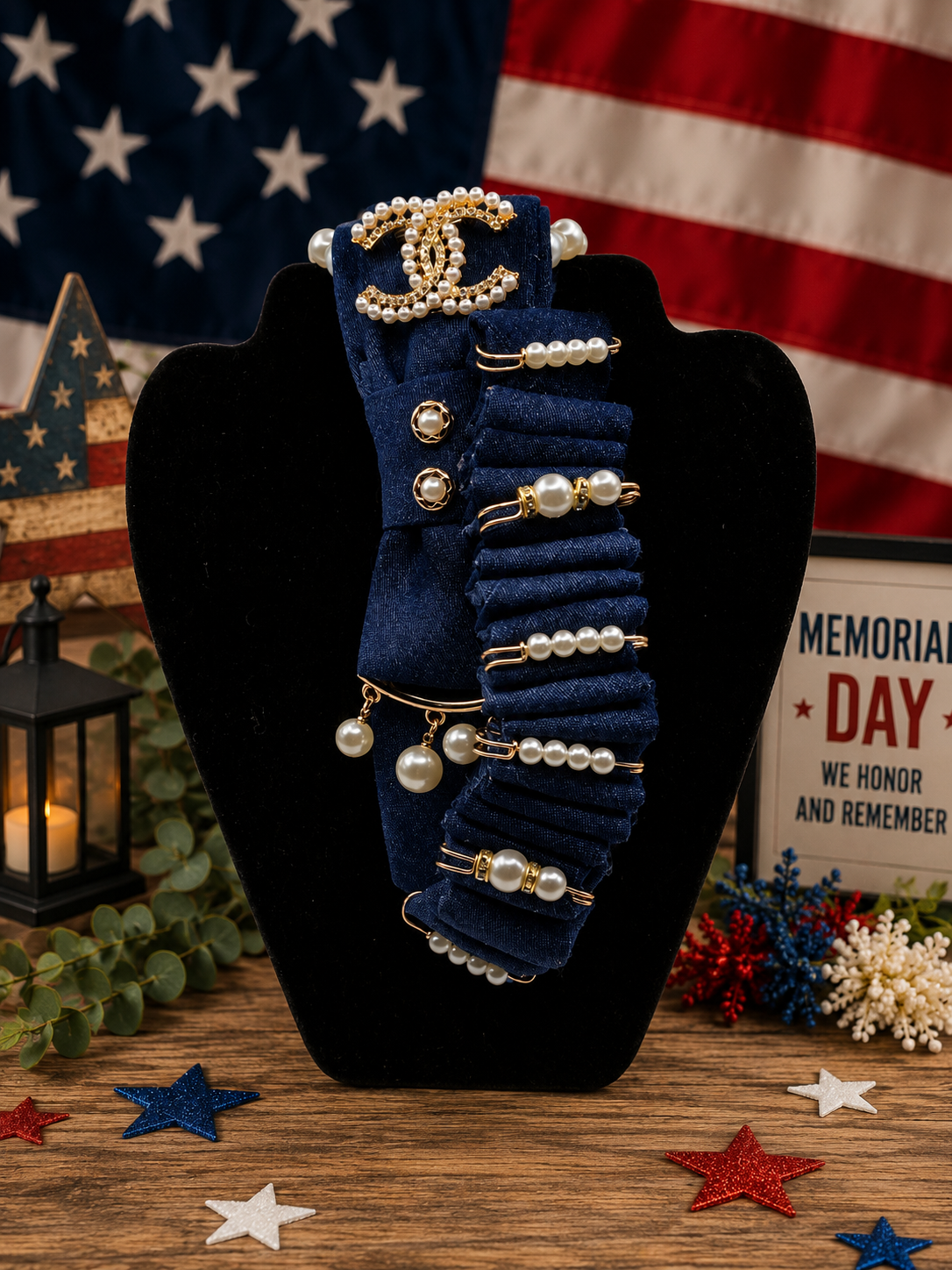 Denim Navy Pearl Statement Tie