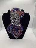 Navy Floral Statement Tie with Crystal Brooch Accent