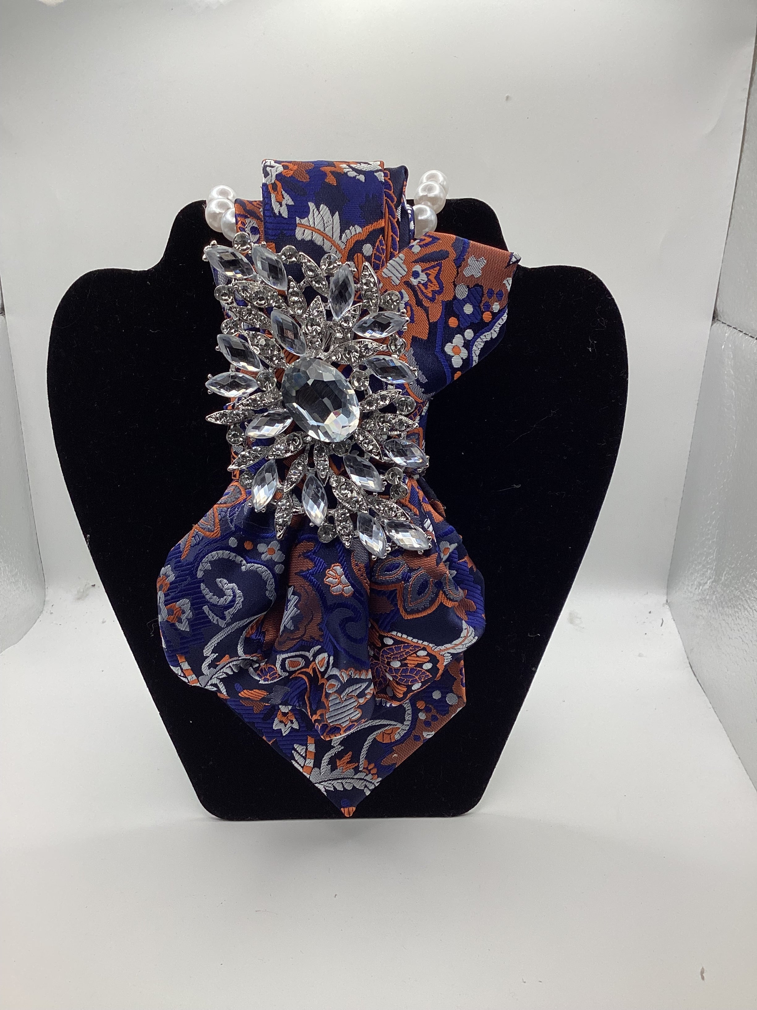 Navy Floral Statement Tie with Crystal Brooch Accent
