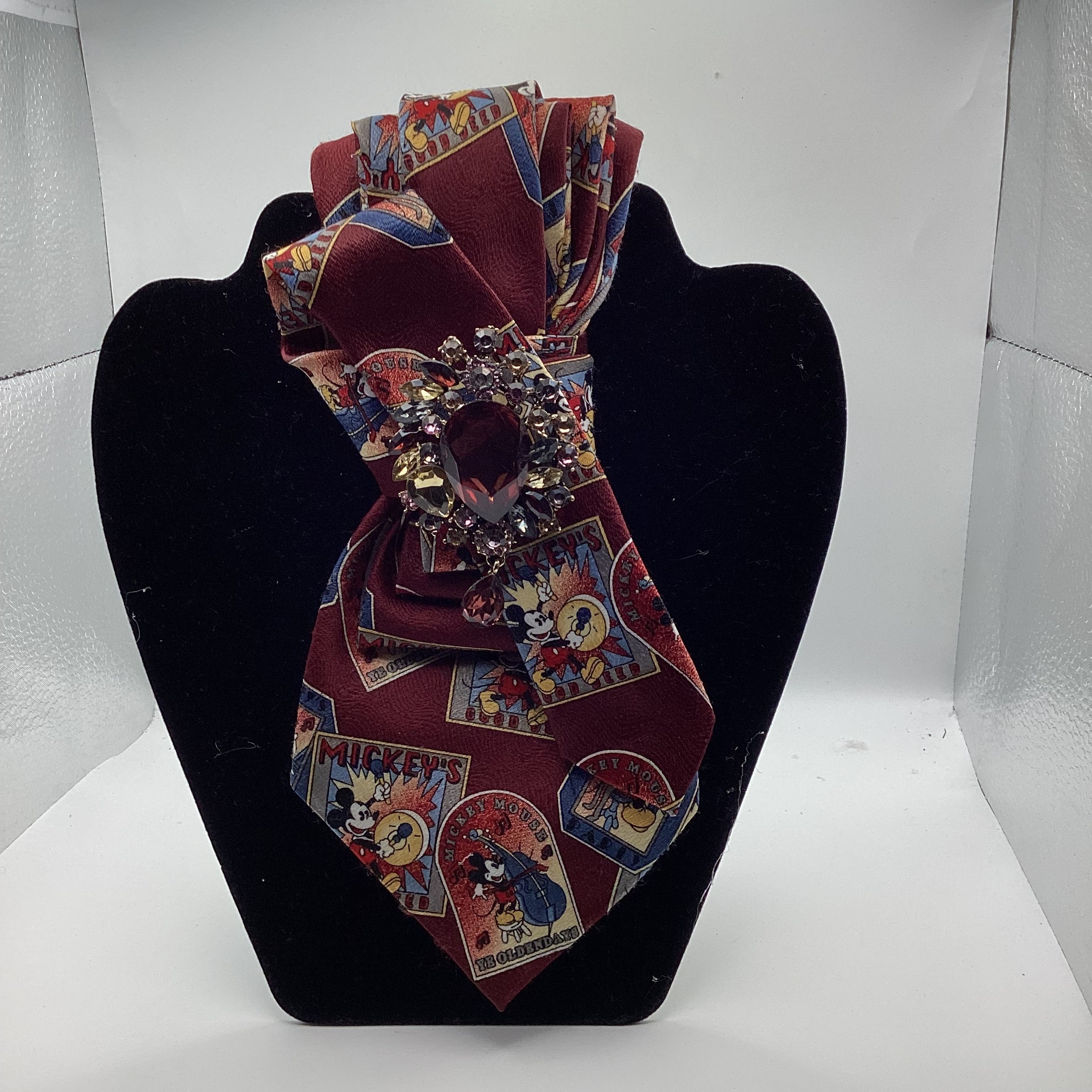 Vintage Cartoon-Inspired Burgundy Statement Necktie with Rhinestone Brooch