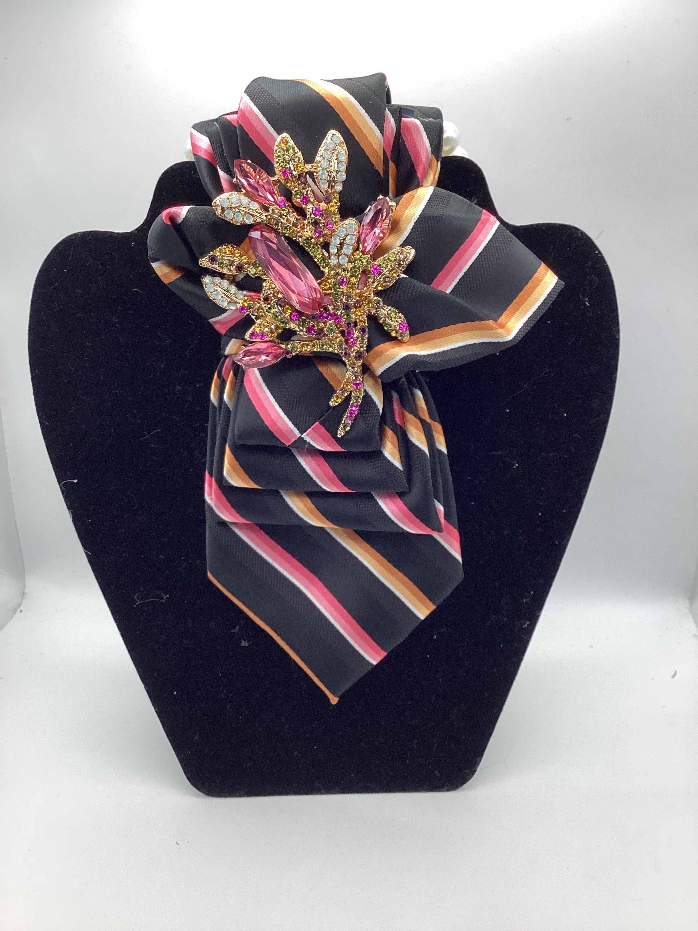 Midnight Blush Luxe Statement Tie – Black Striped Tie with Multicolor Crystal Brooch