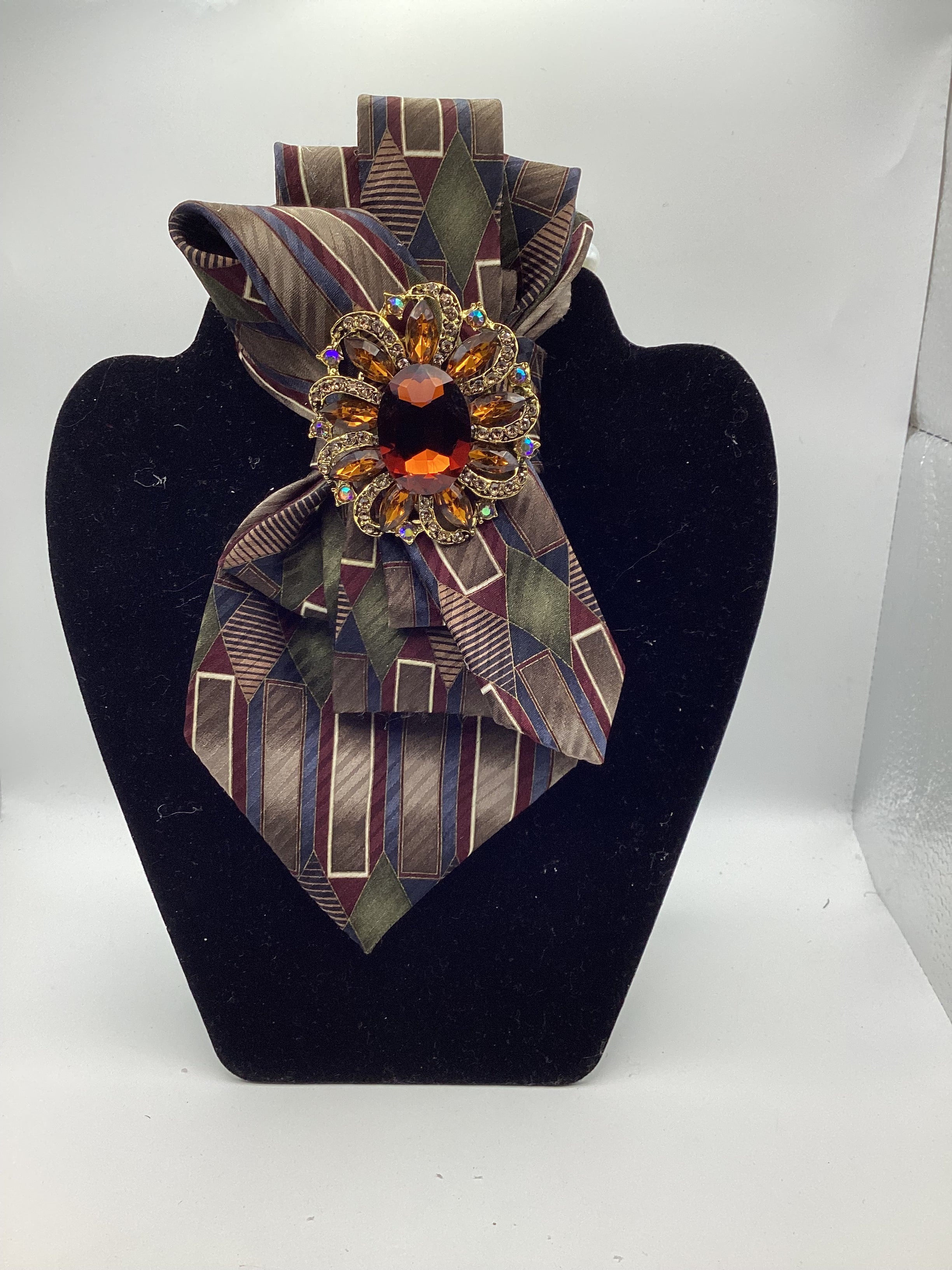 Golden Ember Statement Tie – Geometric Earth Tone Tie with Amber Rhinestone Brooch