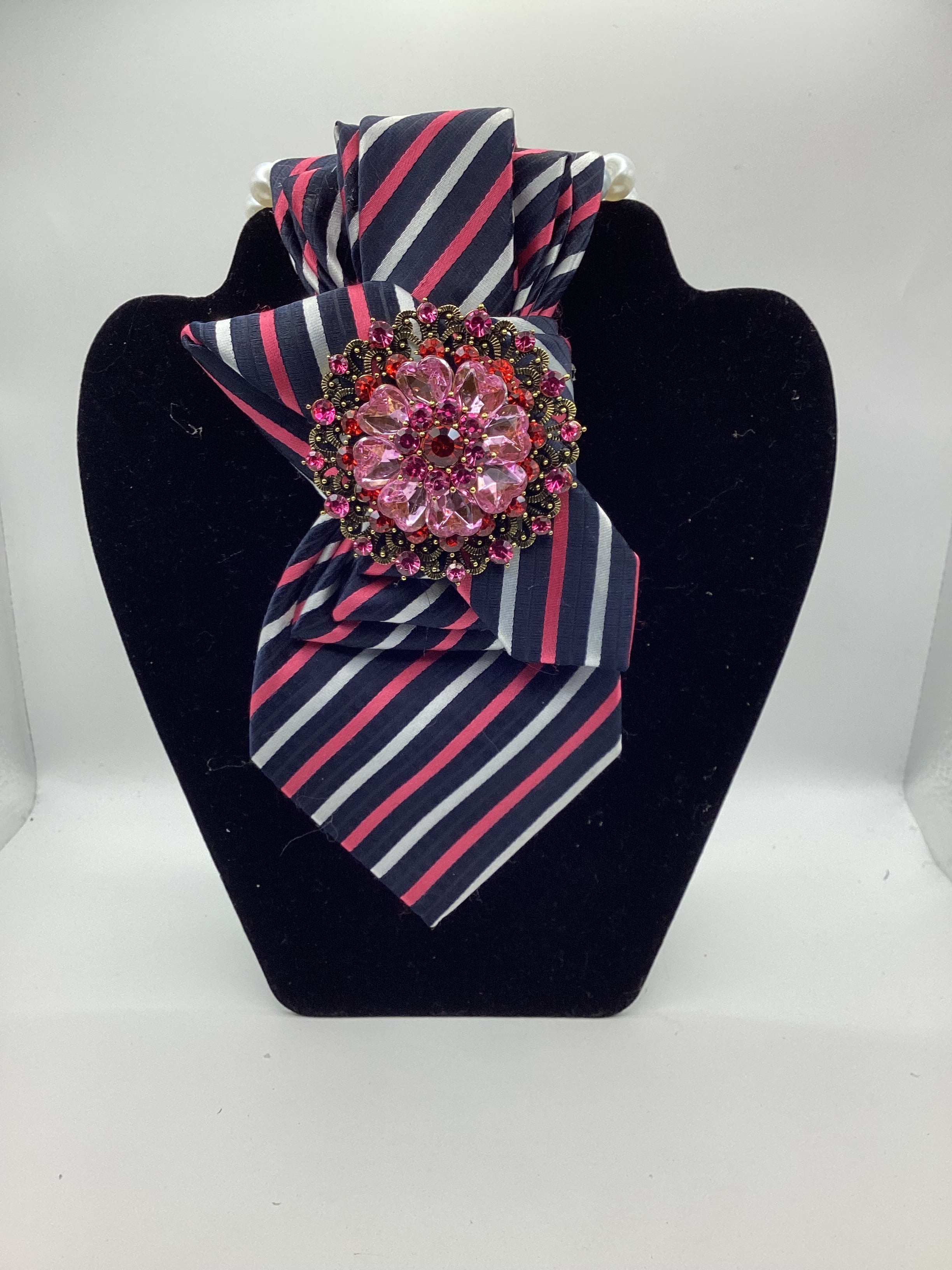 Midnight Blush Statement Tie – Navy Stripe with Pink Crystal Floral Brooch