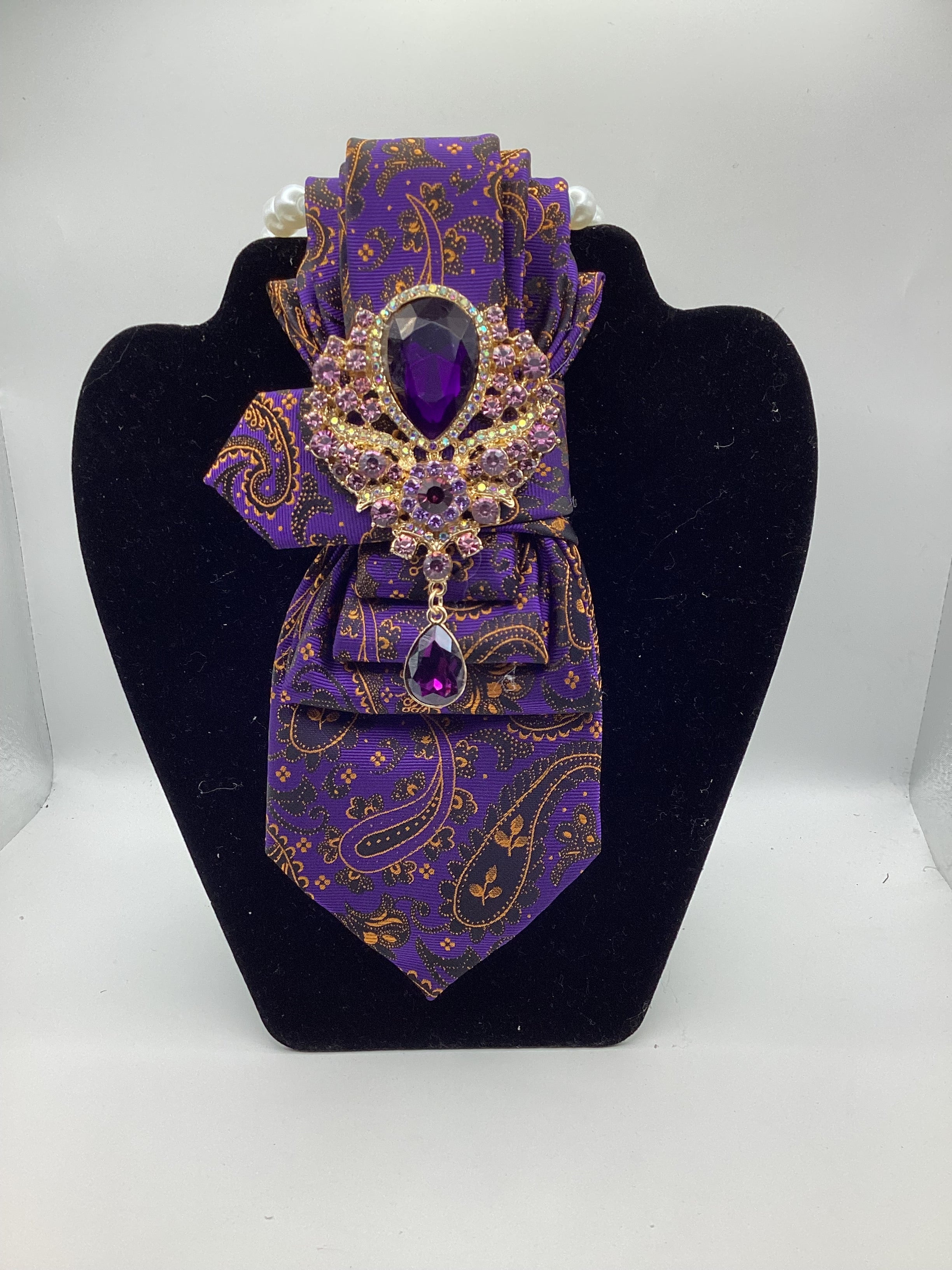 Royal Amethyst Paisley Statement Tie – Purple & Gold Crystal Brooch