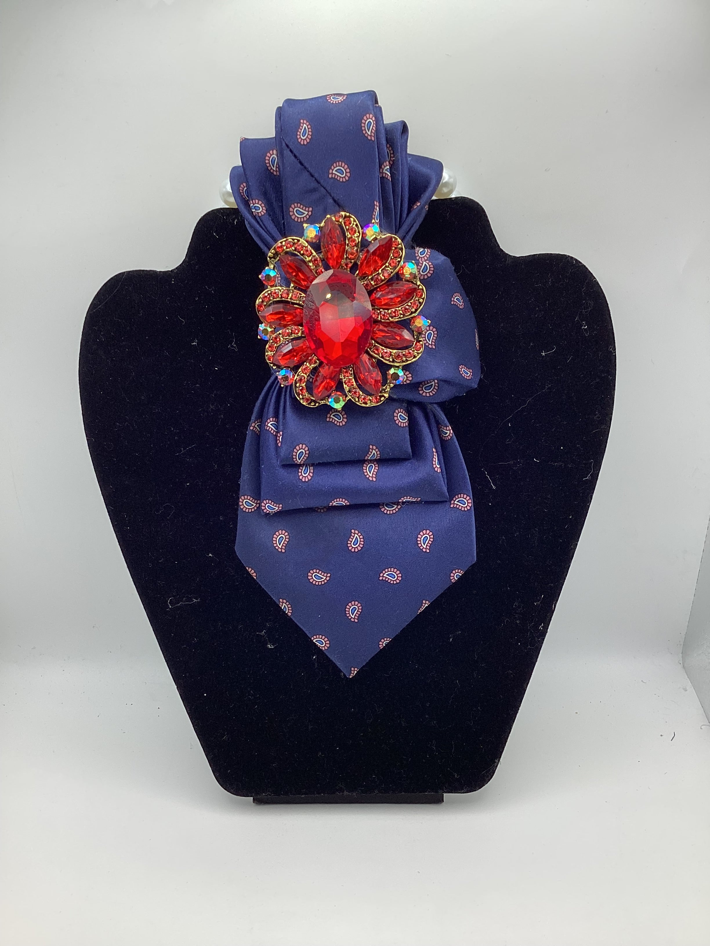 Navy Luxe Statement Tie with Red Crystal Flower Accent