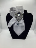 White Geometric Statement Tie with Crystal Teardrop Brooch