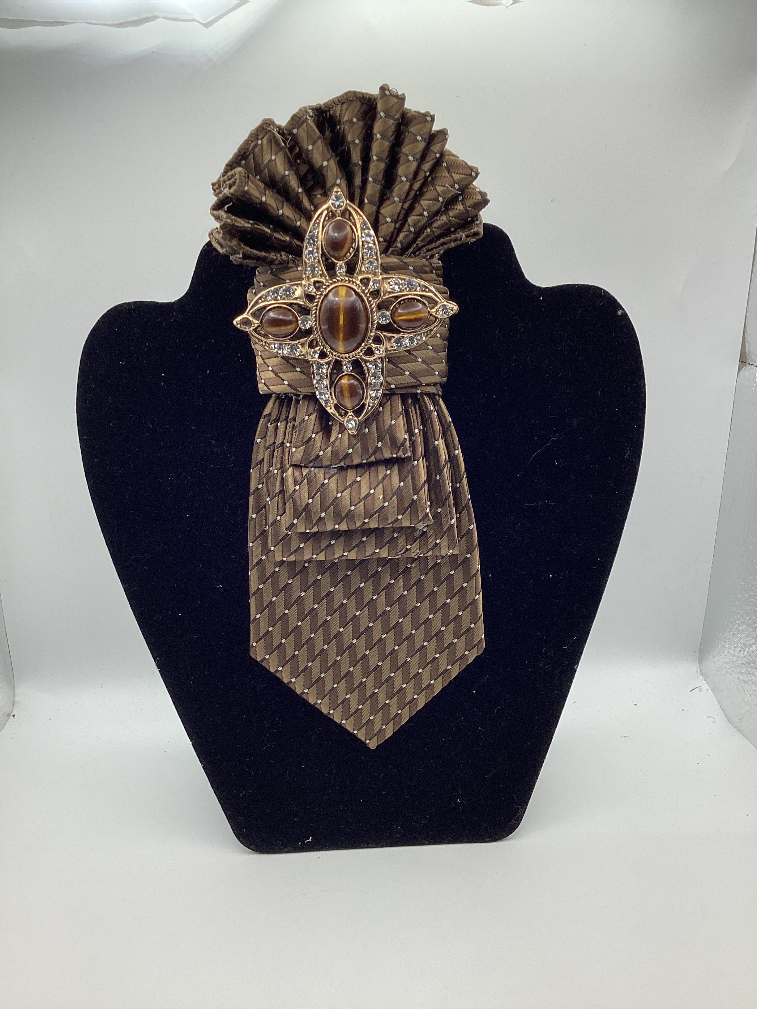Chocolate Brown Statement Tie with Tiger Eye-Inspired Brooch