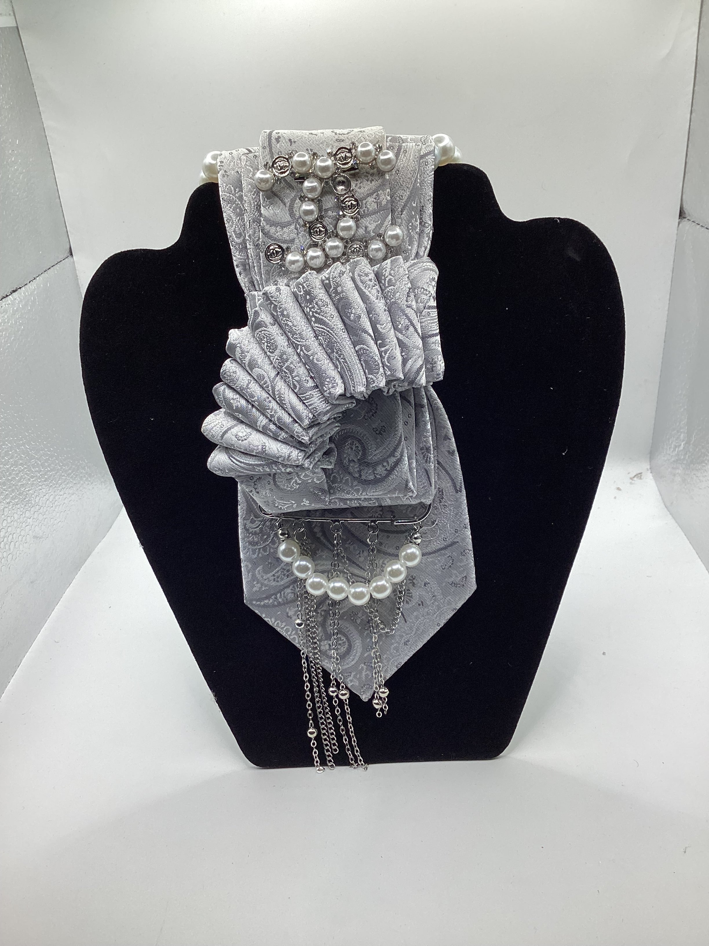 Silver Pearl Elegance Statement Ascot Tie