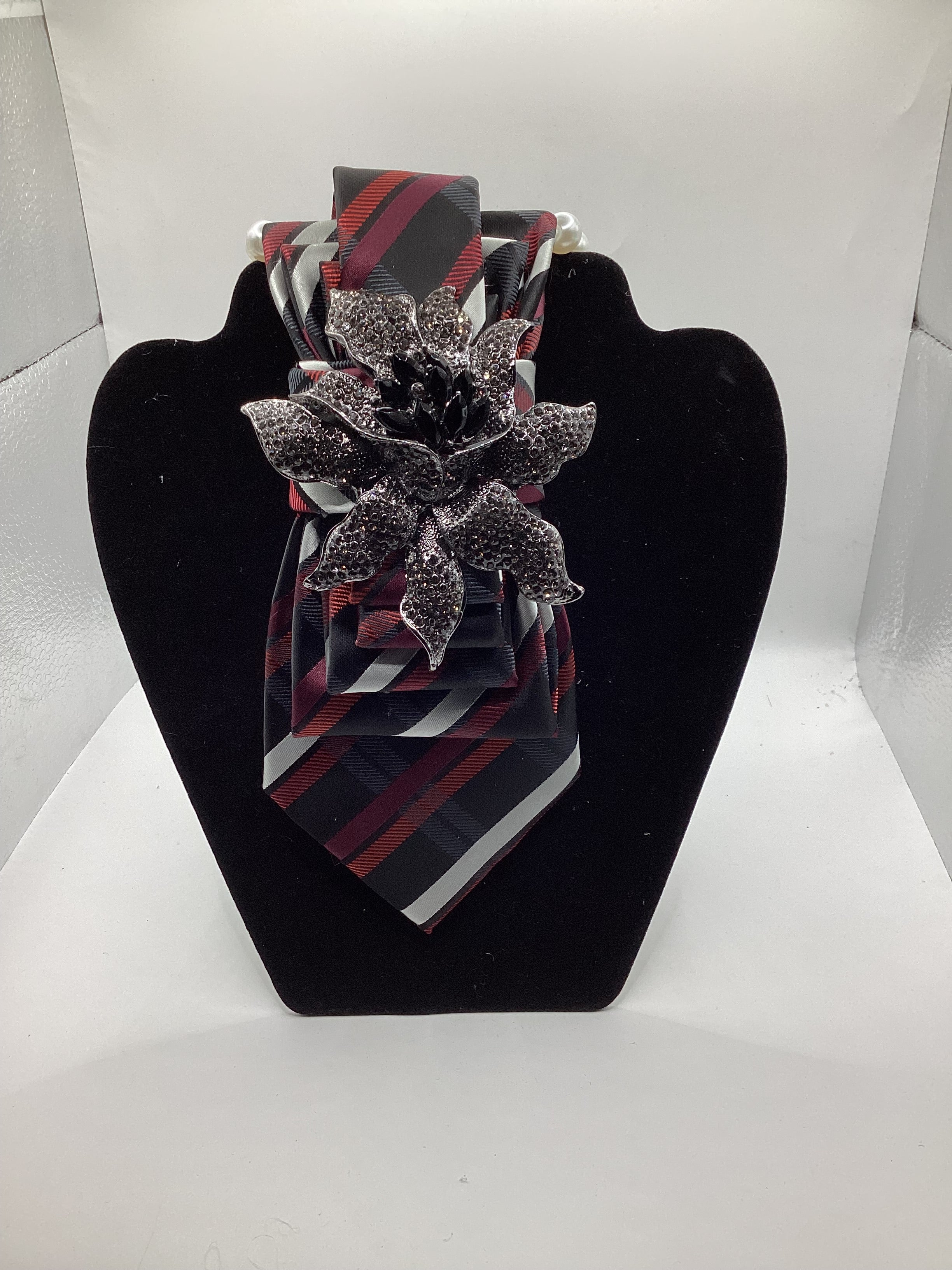 Midnight Bloom Crystal Statement Tie – Black, Red & Silver Striped