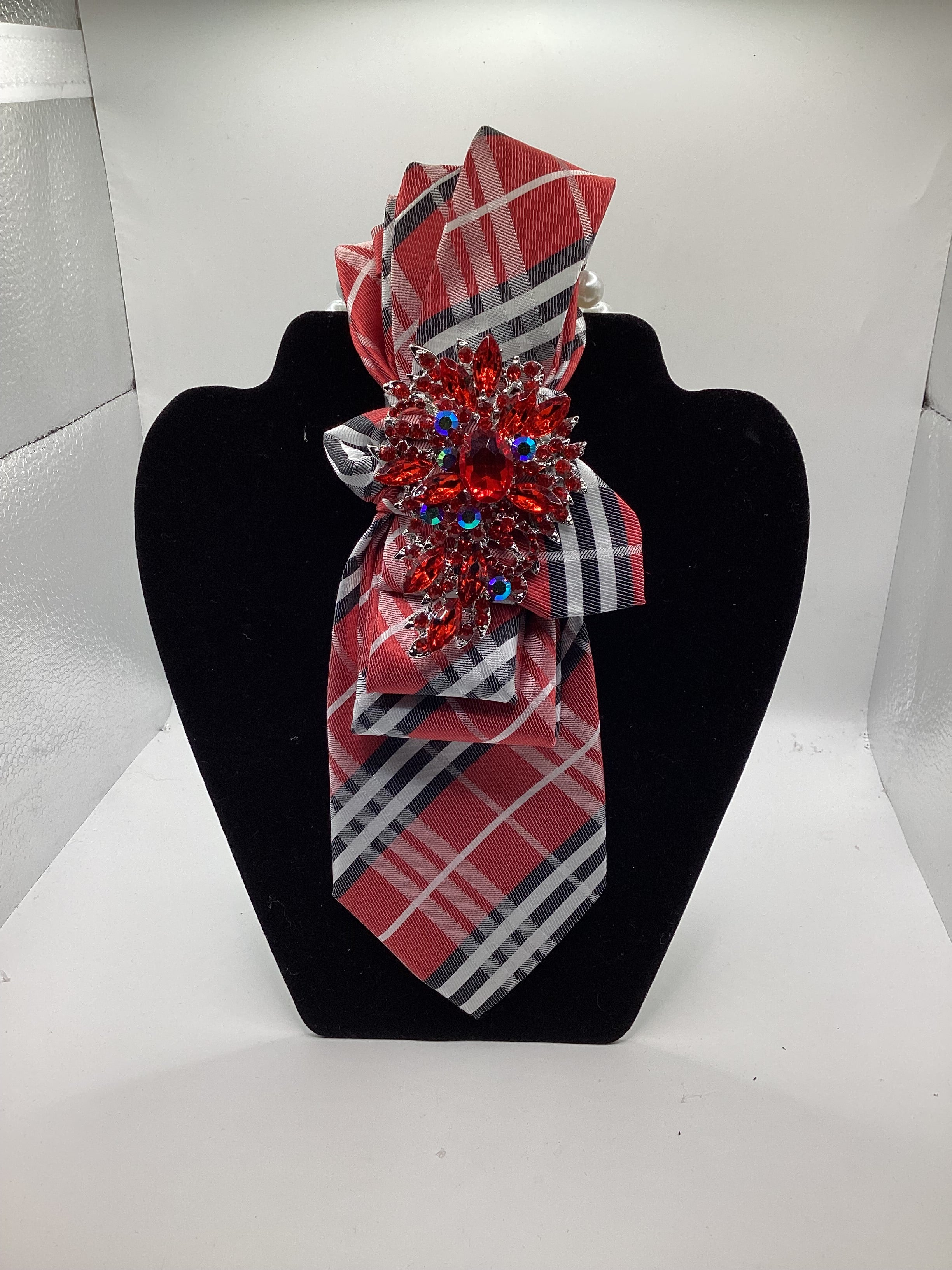 Crimson Plaid Luxe Statement Tie – Ruby Crystal Couture Brooch