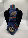 Denim Luxe Queen Statement Tie – Designer-Inspired Patchwork with Bee Brooch