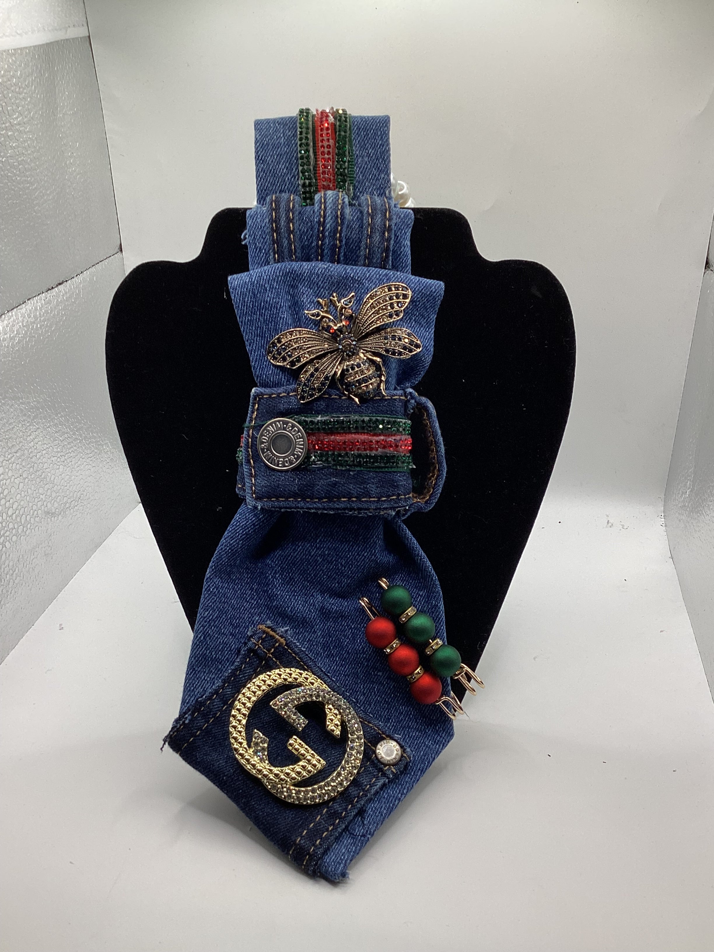 Denim Luxe Queen Statement Tie – Designer-Inspired Patchwork with Bee Brooch