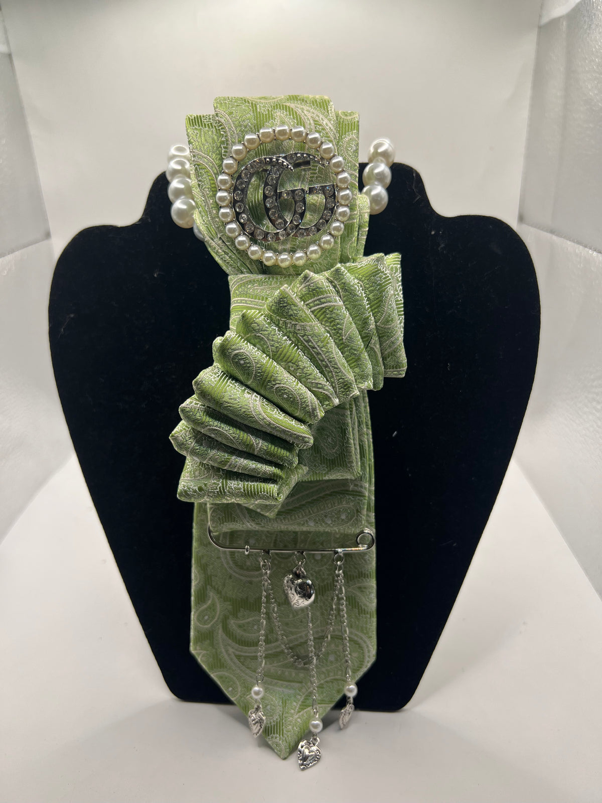 Sage Green Paisley Pearl & Silver Charm Statement Tie